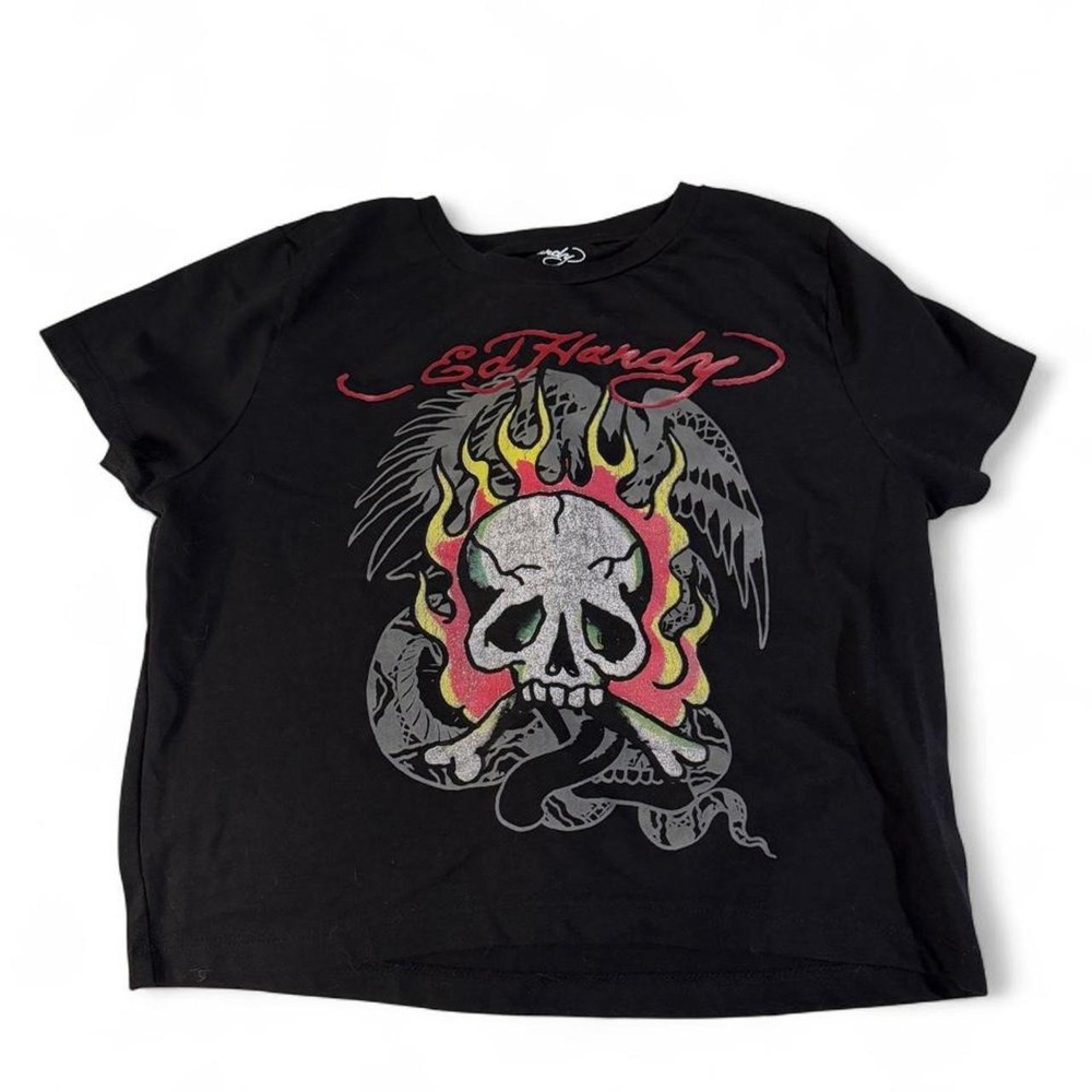 Ed Hardy Womens Skull Snake Eagle Graphic Tee Black Glitter Crop Top Large